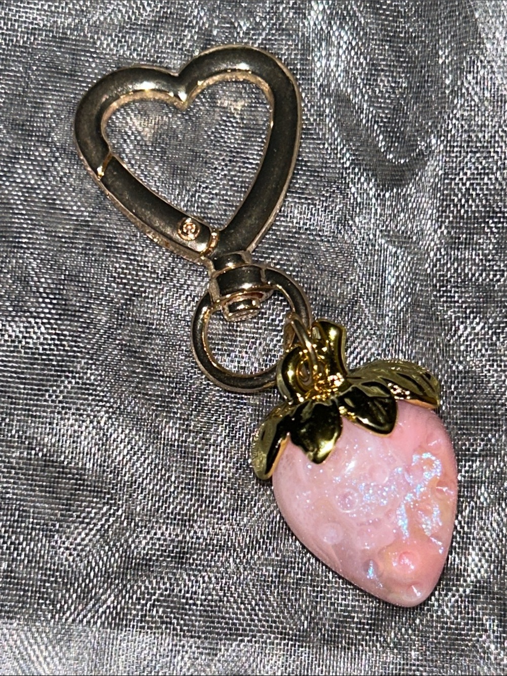 Gold Heart Keychain with Pink Iridescent Strawberry Bag/Key Charm - Picture 2 of 2